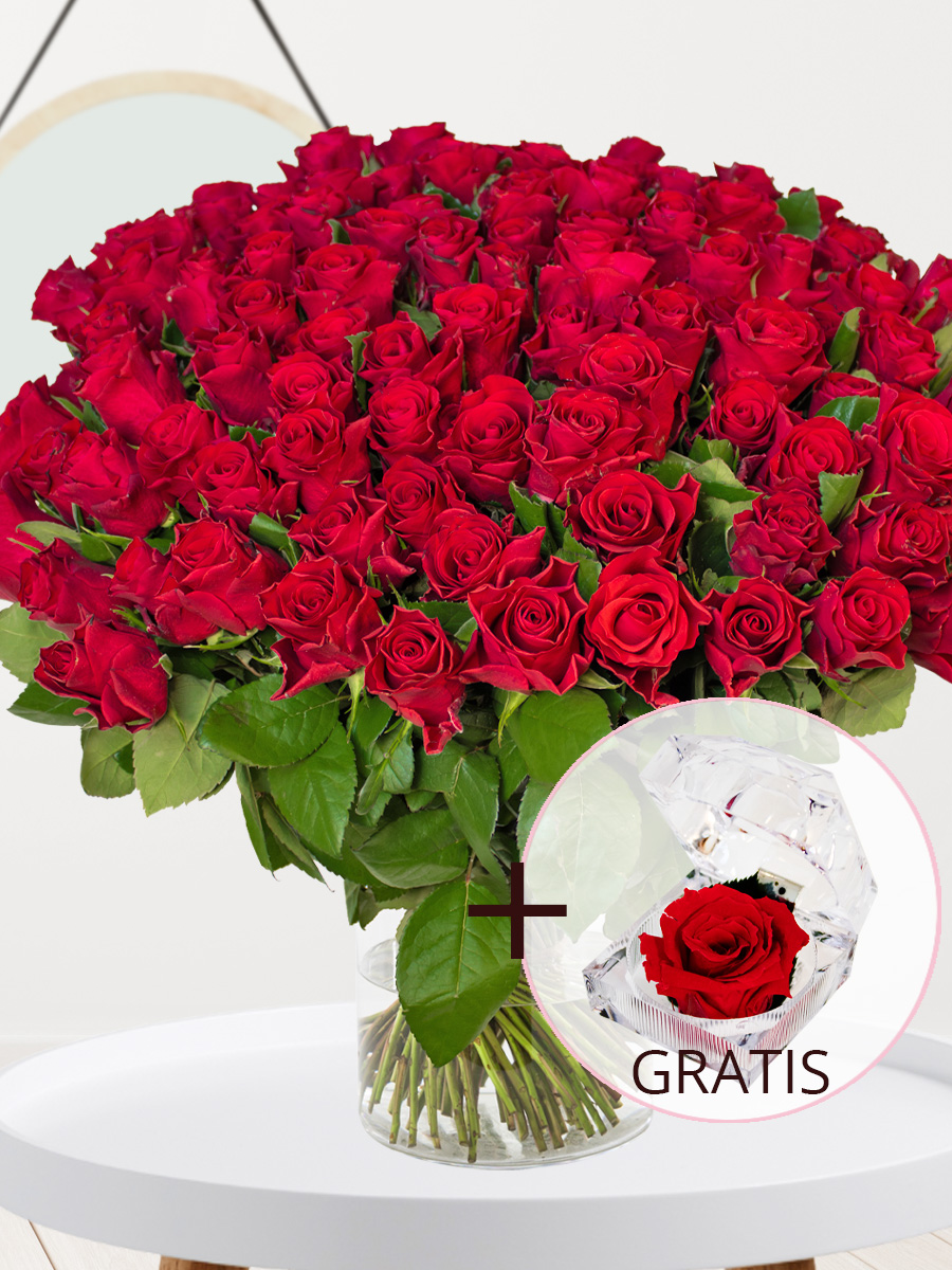 100 rode rozen - Red Tacazzi - 55 cm + Eeuwige roos voor Valentijnsdag afbeelding