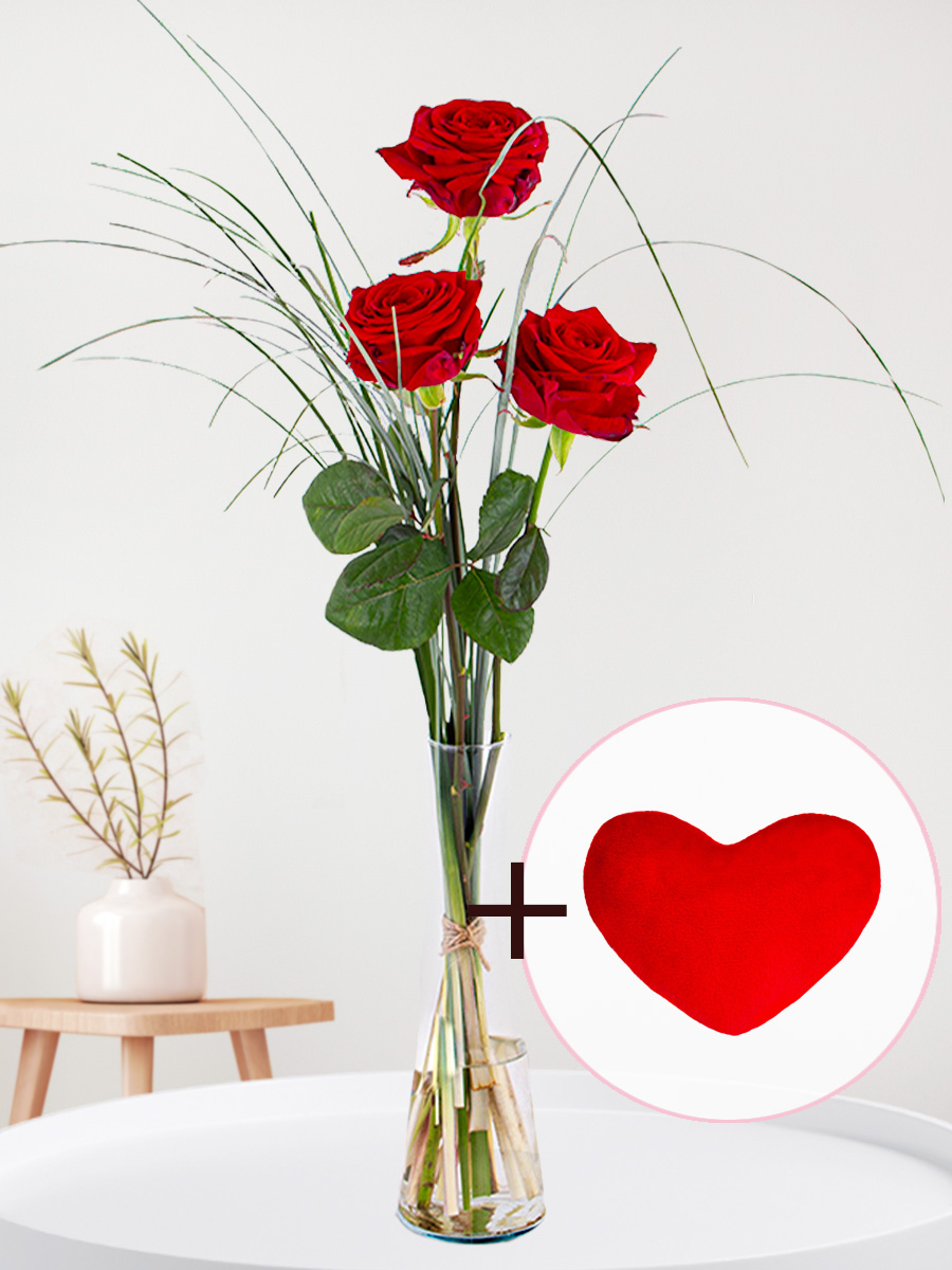 Drie rode rozen inclusief vaas en hartjes knuffel - Valentijnsdag afbeelding 1