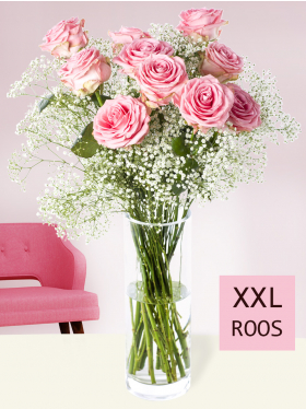 10 roze rozen met gipskruid (XXL rozen)