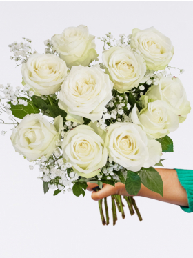 10 witte rozen met gipskruid + gratis glasvaas