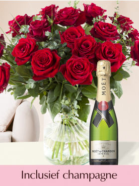 Rood rozenboeket met champagne
