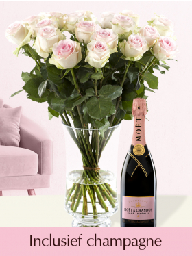 Roze rozen met Moët & Chandon champagne Brut Rosé 0,375l