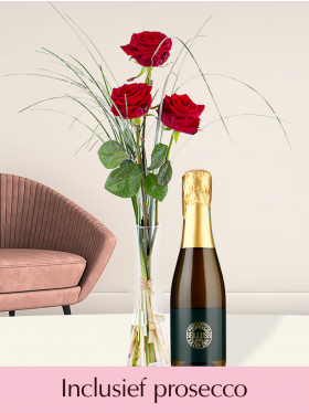 Drie rode rozen inclusief vaas en prosecco piccolo 0,2l - Valentijnsdag
