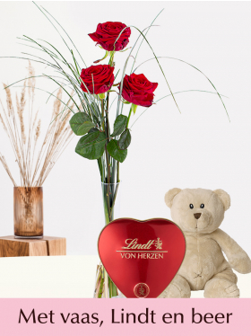 3 rode rozen met vaas, Lindt hart en beer - Valentijnsdag