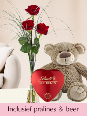 Drie rode rozen inclusief vaas, Lindt hart en teddybeer - Valentijnsdag