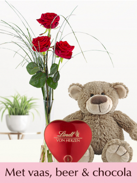 Drie rode rozen inclusief teddybeer, vaas en Lindt hart