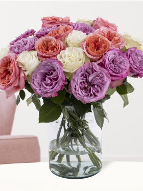 Mix boeket van 30 rozen uit Ecuador paars-roze-wit
