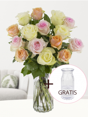 Moederdag bloemen  - Pastel rozenmix + gratis vaas