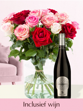 Roze-rode rozen inclusief L'Appassione Rosso rode wijn