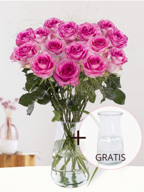 Roze rozenboeket met panicum + gratis glasvaas
