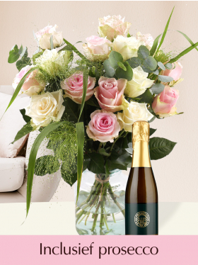 Wit-roze rozenboeket met Prosecco Piccolo - Vrouwendag