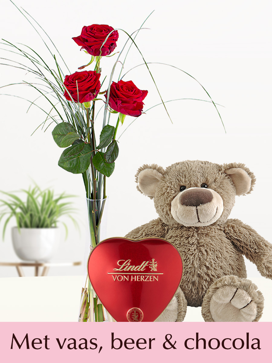 Surprose Drie rode rozen inclusief vaas, Lindt hart en teddybeer 27 cm - Valentijnsdag