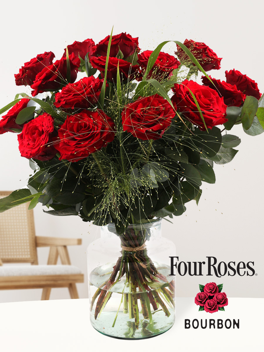 Rood rozenboeket met panicum en eucalyptus afbeelding