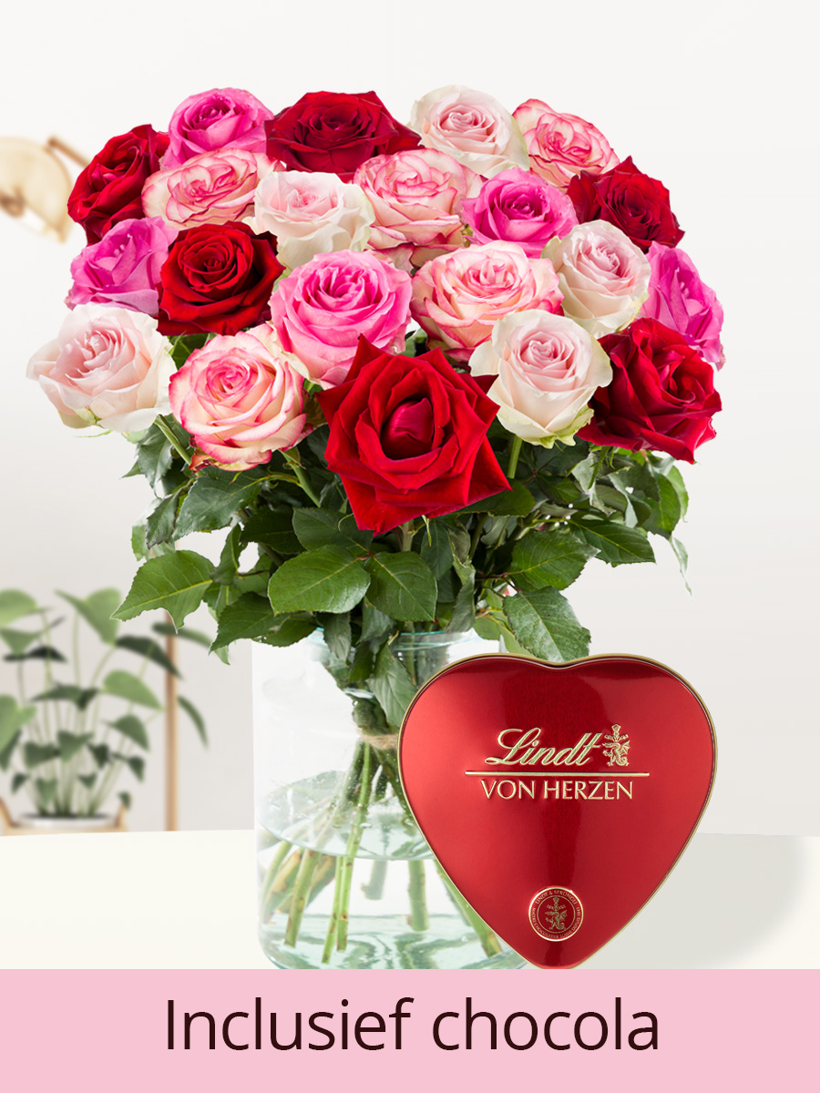 Roze-rood rozenboeket met Lindt hart afbeelding