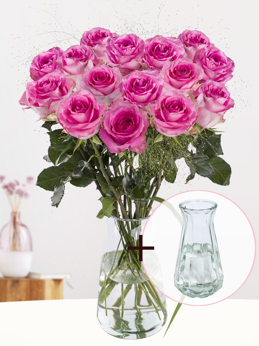Roze rozenboeket met panicum + glasvaas Evita - Revival afbeelding