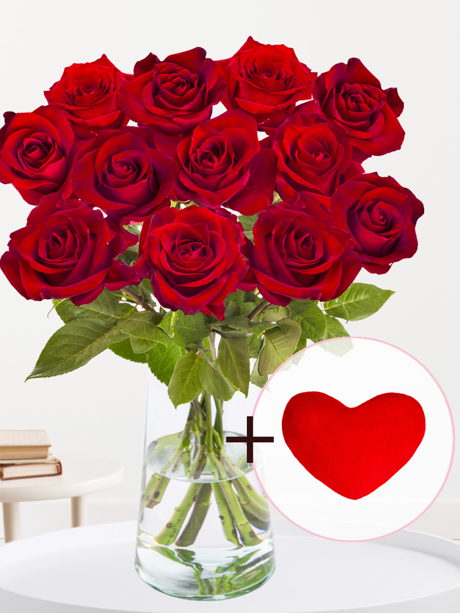 Surprose Valentijnsboeket - 12 rode rozen EverRed - Incl. knuffel hartje