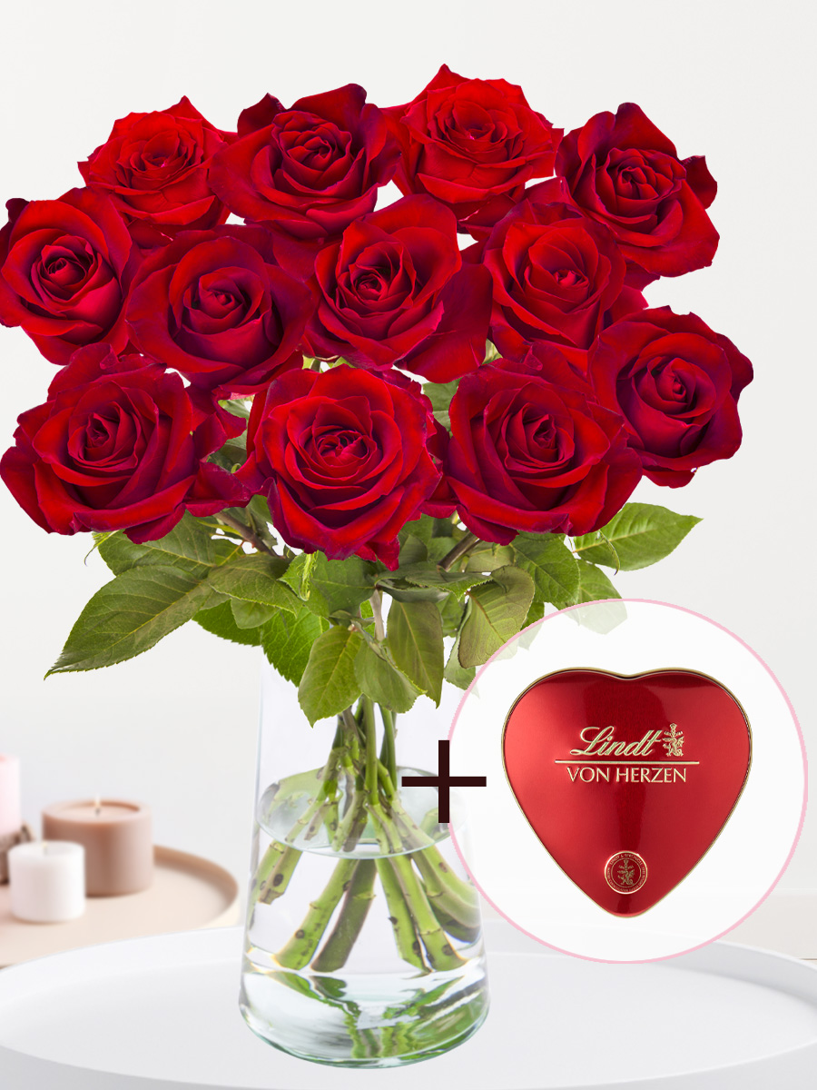Valentijnsboeket - 12 rode rozen EverRed - Incl Lindt hart afbeelding