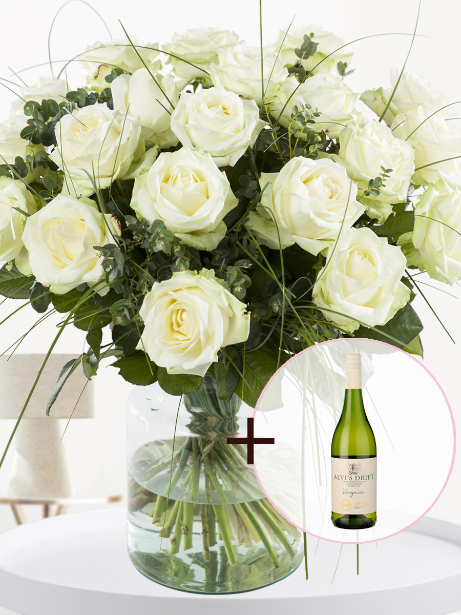 Wit rozenboeket + gratis witte Viognier wijn afbeelding 1