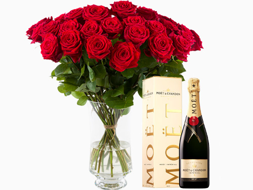 30 rode rozen met champagne